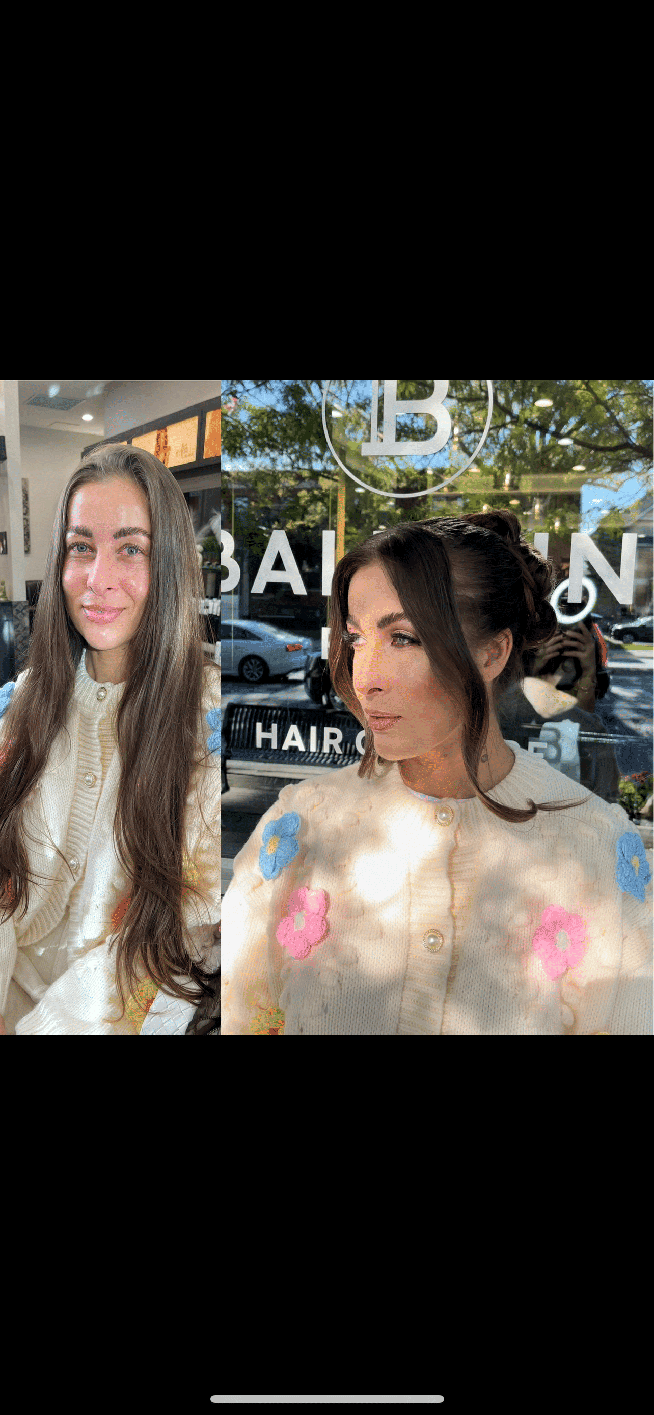 Two images of a woman with long, styled hair in a salon. Sunlight filters through trees.