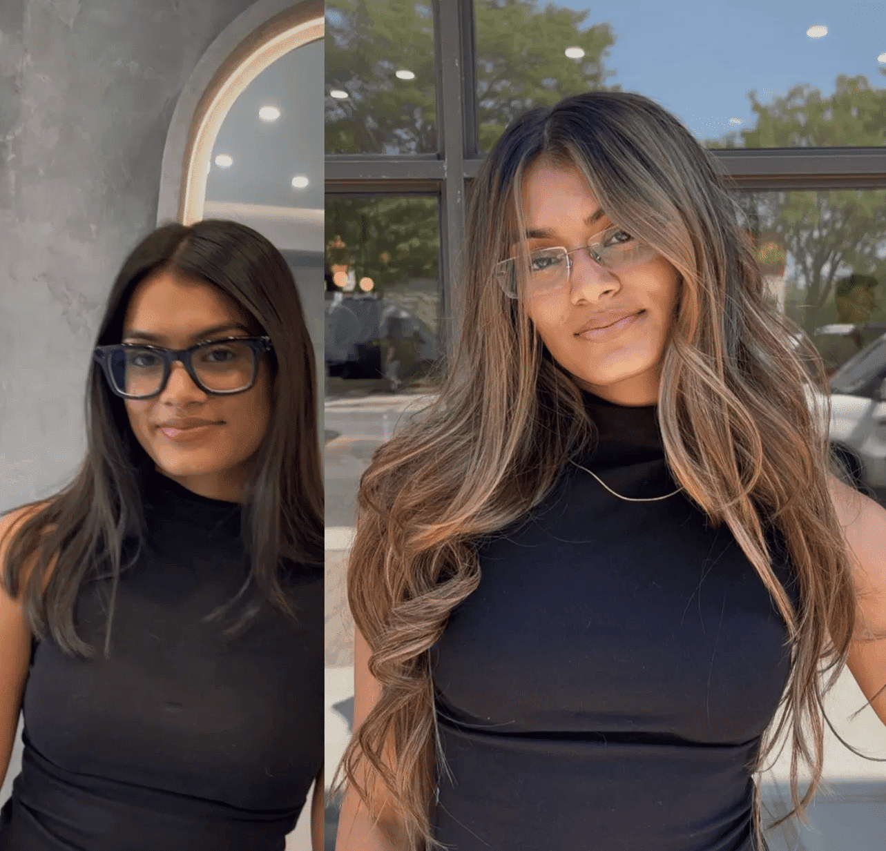Two women in black sleeveless tops wearing glasses, standing beside each other, smiling.